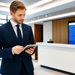 A professional hotel manager, fully clothed in a modest business suit, standing confidently in a sleek, contemporary hotel lobby. The manager is reviewing data on a modern tablet, with a digital check-in kiosk visible in the background, subtly indicating technological integration. Another well-dressed hotel staff member is respectfully listening in the foreground, showing a professional interaction. The lobby features clean lines, soft lighting, and modern decor with subtle high-tech elements. High-resolution, professional photography, perfect anatomy, correct proportions, natural pose, well-formed hands, proper finger count, natural body proportions, safe for work, appropriate content, fully clothed, professional, modest clothing, appropriate attire, professional dress.