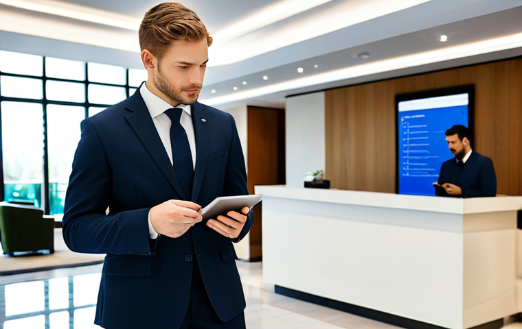 A professional hotel manager, fully clothed in a modest business suit, standing confidently in a sleek, contemporary hotel lobby. The manager is reviewing data on a modern tablet, with a digital check-in kiosk visible in the background, subtly indicating technological integration. Another well-dressed hotel staff member is respectfully listening in the foreground, showing a professional interaction. The lobby features clean lines, soft lighting, and modern decor with subtle high-tech elements. High-resolution, professional photography, perfect anatomy, correct proportions, natural pose, well-formed hands, proper finger count, natural body proportions, safe for work, appropriate content, fully clothed, professional, modest clothing, appropriate attire, professional dress.