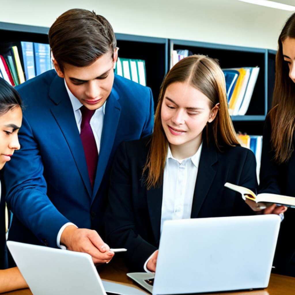 "A group of diverse students, fully clothed in professional attire, collaborating on a hotel management case study in a bright, modern library. Textbooks and laptops are visible. Safe for work, appropriate content, perfect anatomy, natural proportions, professional, family-friendly, well-formed hands, proper finger count."