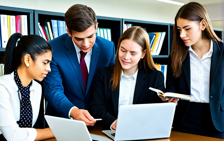"A group of diverse students, fully clothed in professional attire, collaborating on a hotel management case study in a bright, modern library. Textbooks and laptops are visible. Safe for work, appropriate content, perfect anatomy, natural proportions, professional, family-friendly, well-formed hands, proper finger count."
