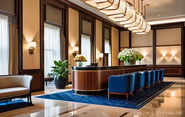 호텔 고객 서비스 품질 향상 비법 - **Prompt 1: Seamless Grand Arrival**
A warmly lit, elegant hotel lobby with high ceilings and so...
