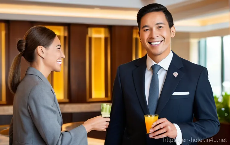 호텔관리사 실무 사례 분석 - **"Hyper-Personalized Welcome"**: A realistic, cinematic photo of a gracefully aged female hotel gue...