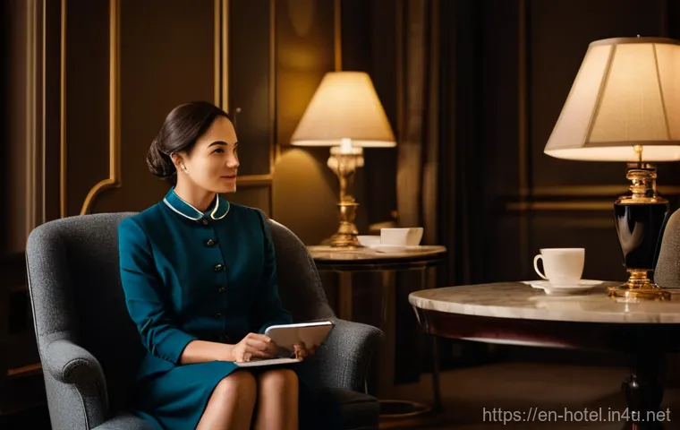 호텔업계 경력 개발 방법 - **Prompt:** A young, enthusiastic hospitality intern, dressed in a crisp, dark blue professional hot...