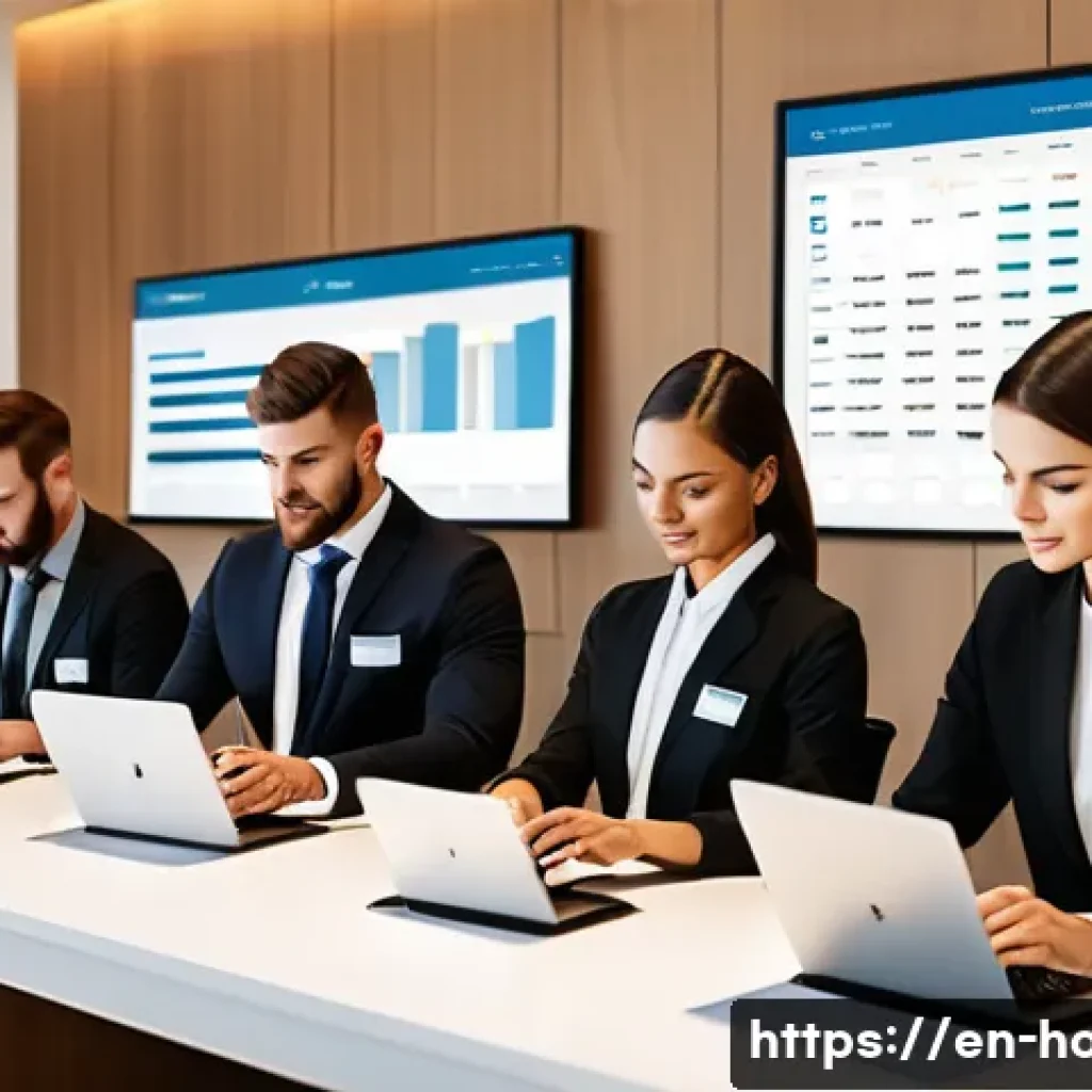 호텔 인사 관리를 위한 소프트웨어 - A modern hotel management office scene showing a diverse team of employees using smart scheduling so...