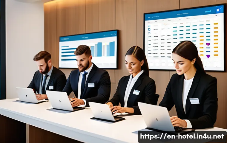 호텔 인사 관리를 위한 소프트웨어 - A modern hotel management office scene showing a diverse team of employees using smart scheduling so...