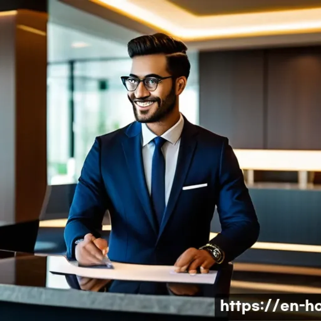 호텔관리사 자격증 필요성 - A professional hotel manager confidently conducting a front desk operation in a modern luxury hotel ...