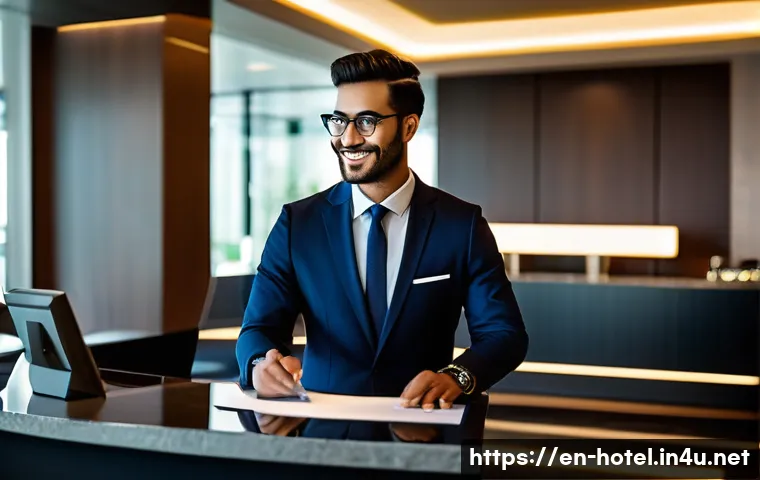 호텔관리사 자격증 필요성 - A professional hotel manager confidently conducting a front desk operation in a modern luxury hotel ...