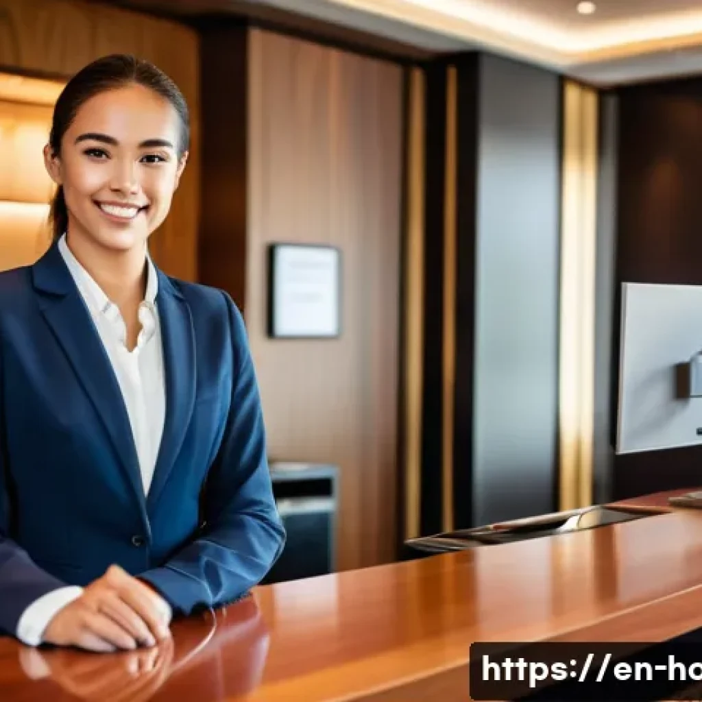 호텔관리사 자격증 취득 시기 - A professional hotel front desk scene during daytime, featuring a confident young woman in a neat bu...