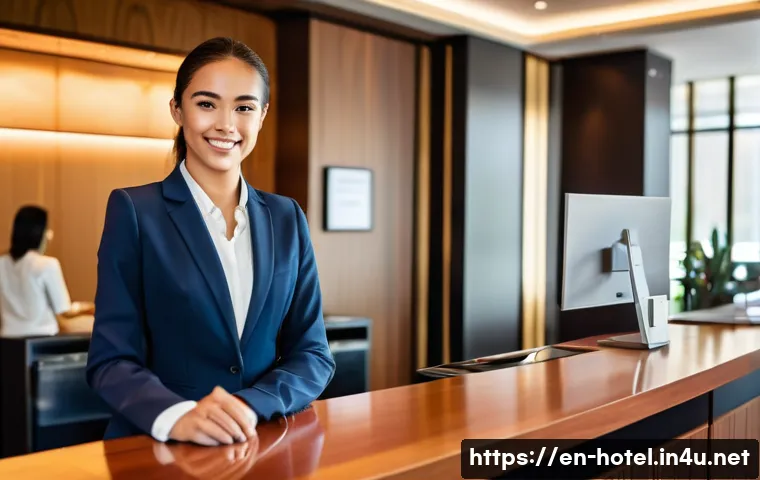 호텔관리사 자격증 취득 시기 - A professional hotel front desk scene during daytime, featuring a confident young woman in a neat bu...