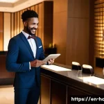 호텔 서비스 품질 관리 방법 - A warmly lit hotel lobby scene during check-in, featuring a friendly front desk agent smiling and gr...
