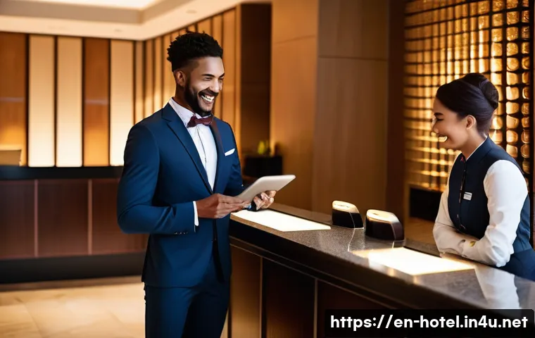 호텔 서비스 품질 관리 방법 - A warmly lit hotel lobby scene during check-in, featuring a friendly front desk agent smiling and gr...