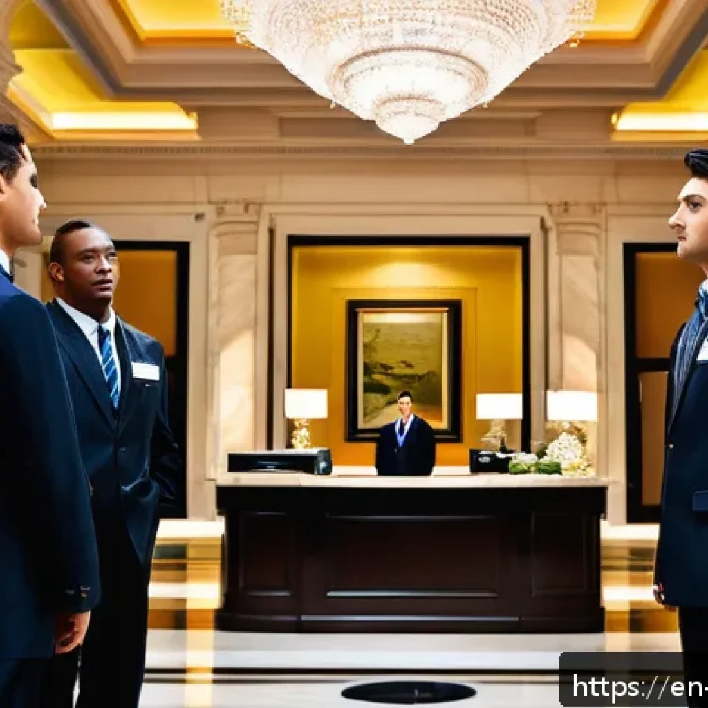 호텔 연봉 수준 지역별 비교 - A vibrant, bustling luxury hotel lobby in New York City with professionally dressed hotel staff inte...