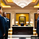 호텔 연봉 수준 지역별 비교 - A vibrant, bustling luxury hotel lobby in New York City with professionally dressed hotel staff inte...