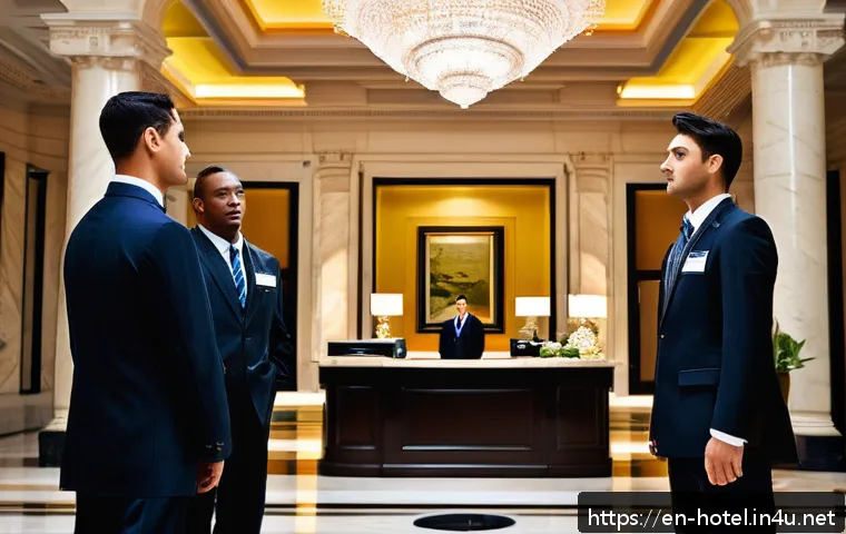 호텔 연봉 수준 지역별 비교 - A vibrant, bustling luxury hotel lobby in New York City with professionally dressed hotel staff inte...