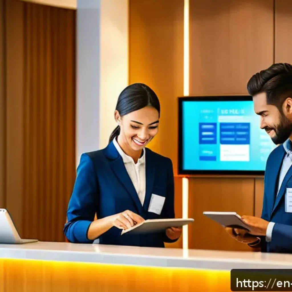 호텔 필기 시험 합격 경험담 - A detailed, realistic hotel front desk scene showing a diverse team of professionals interacting smo...