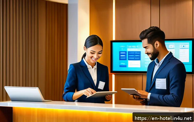호텔 필기 시험 합격 경험담 - A detailed, realistic hotel front desk scene showing a diverse team of professionals interacting smo...