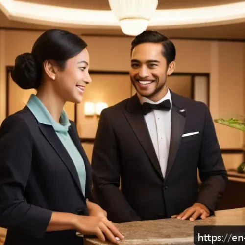 호텔관리사 실무 일기 - A warm and elegant hotel lobby scene featuring a diverse, professional front desk staff attentively ...