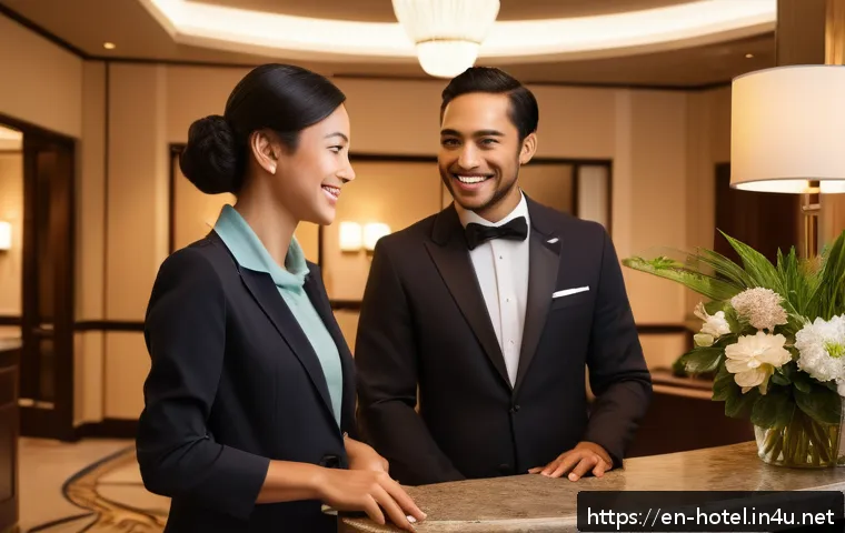 호텔관리사 실무 일기 - A warm and elegant hotel lobby scene featuring a diverse, professional front desk staff attentively ...