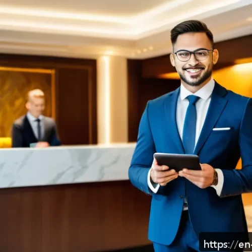 호텔관리사 자격증과 다른 관련 자격증 비교 - A professional hotel manager standing confidently in the elegant lobby of a luxury hotel, dressed in...