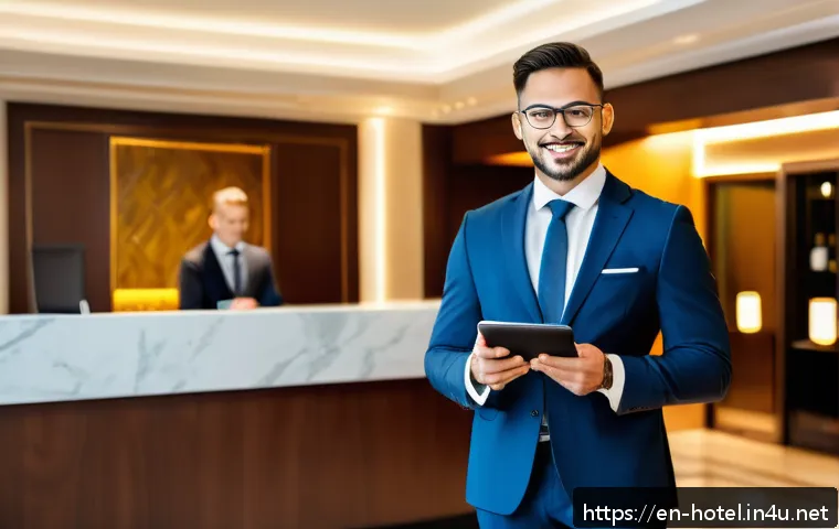 호텔관리사 자격증과 다른 관련 자격증 비교 - A professional hotel manager standing confidently in the elegant lobby of a luxury hotel, dressed in...