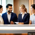 호텔 실기 시험 후기와 꿀팁 - A professional hotel front desk receptionist warmly greeting a diverse couple checking in, both wear...