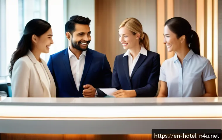 호텔 실기 시험 후기와 꿀팁 - A professional hotel front desk receptionist warmly greeting a diverse couple checking in, both wear...