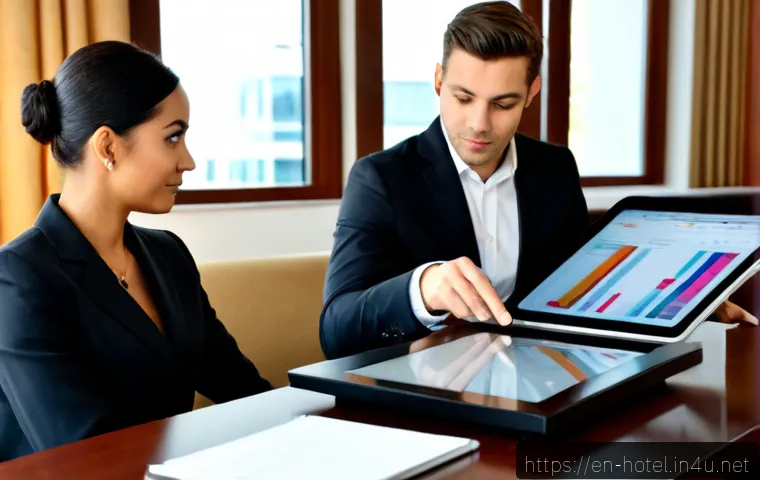 Home 17 호텔 인사 관리에서의 평가 방법 - Photorealistic hotel human resources performance review meeting, experienced female hotel manager an...
